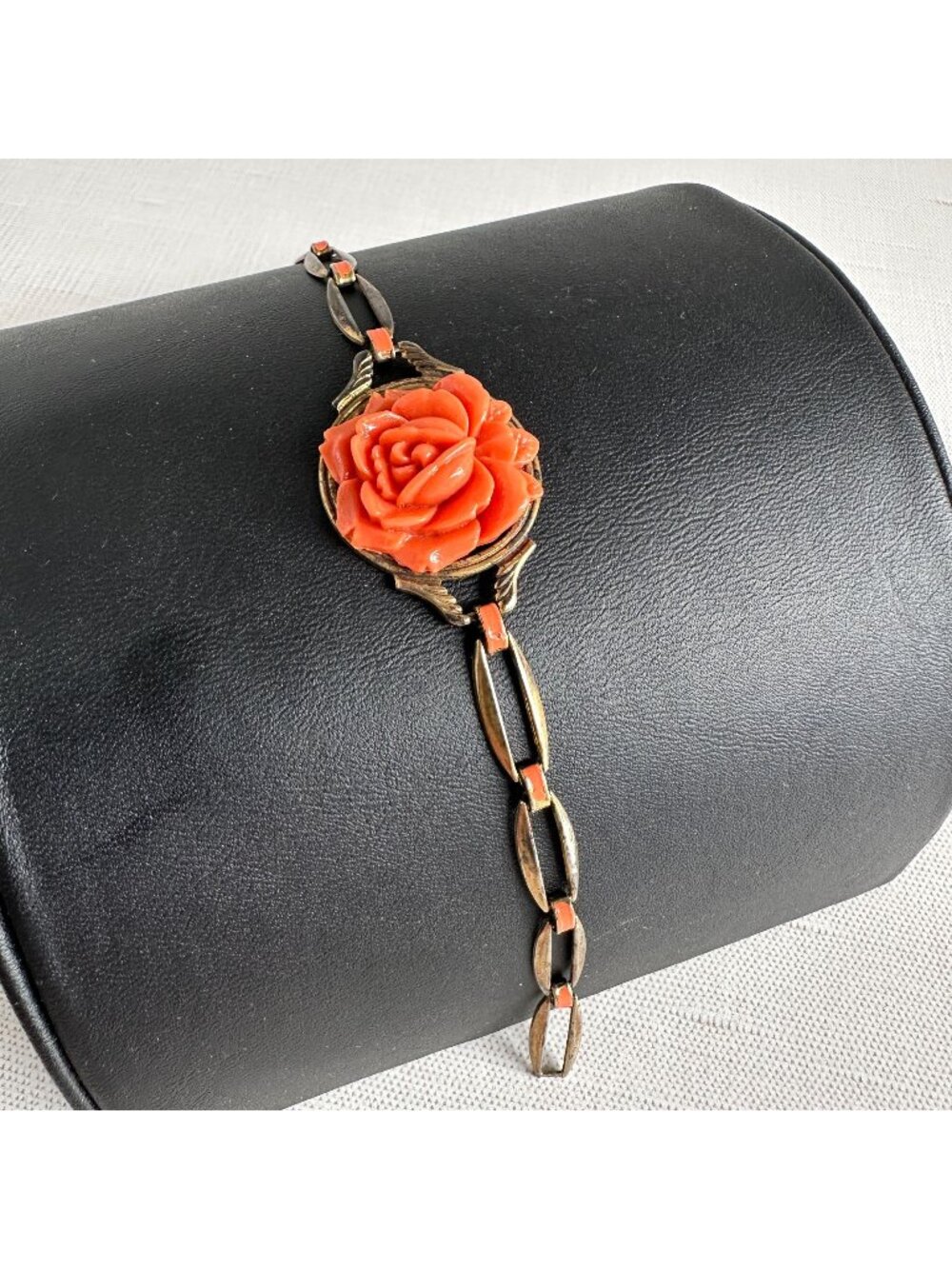 Art Deco Sterling Vermeil Bracelet Czech Molded Glass Coral Rose 1930s